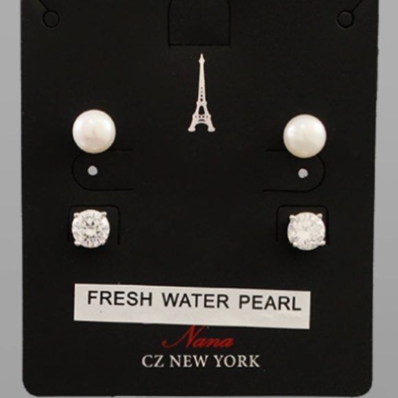Freshwater Pearl & CZ Studs Set - Picture 1 of 2